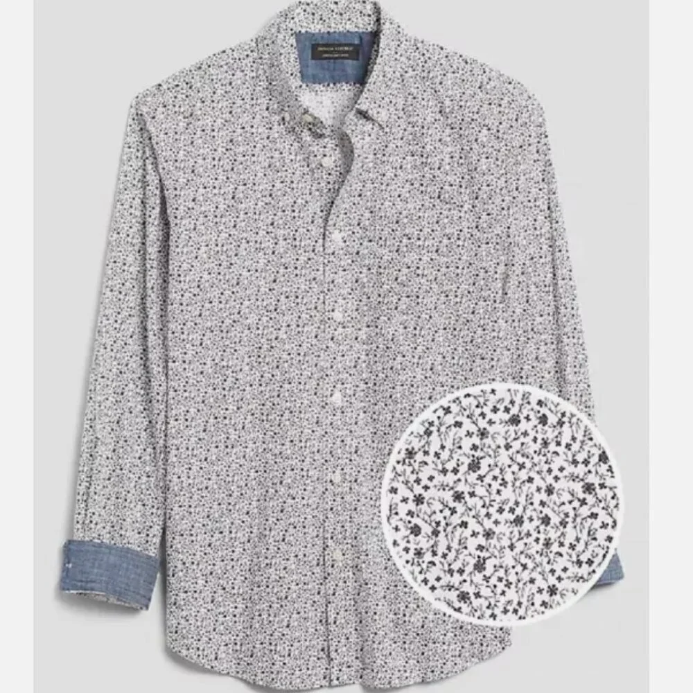 Banana Republic Men's Button Down- Standard Fit Stretch Soft-Wash - Floral Denim